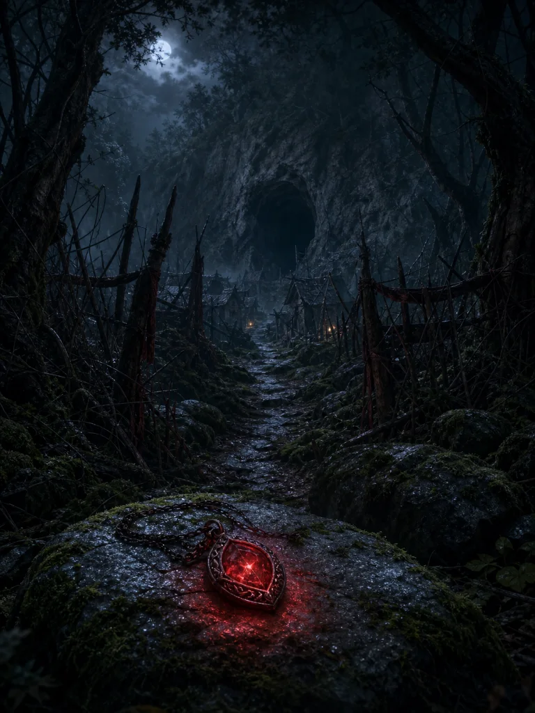 A red amulet on a stone path beneath a moonlit barrow, cover art for The Blood Amulet
