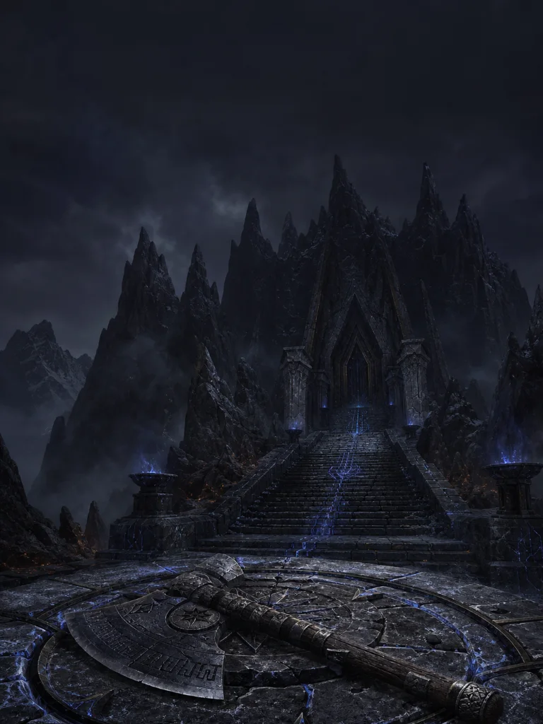 A rune-cut axe before a black mountain fortress, cover art for Crypt of the Iron King